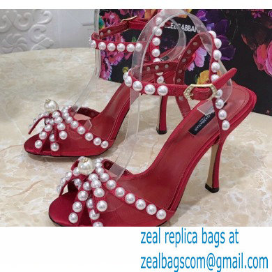 Dolce & Gabbana Heel 10.5cm Satin Sandals Red with Pearl Application 2021 - Click Image to Close